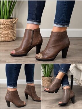 AEROSOLES Brown Leather Open-Toe Stacked Heel Ankle Booties Side Zip
